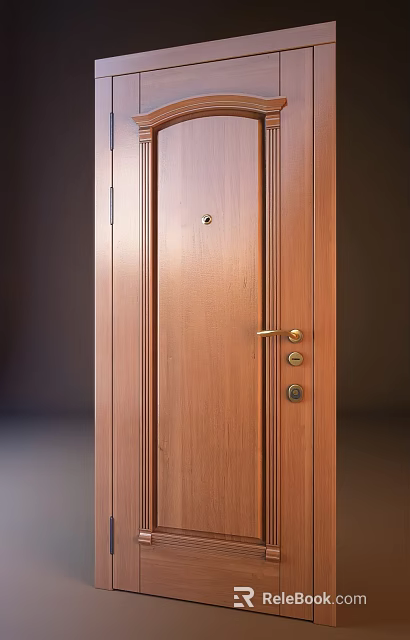 Solid Wooden Hinged Door With Gold Handle And Secure Lock Design 3d model