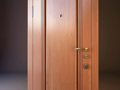 Solid Wooden Hinged Door With Gold Handle And Secure Lock Design 3d model