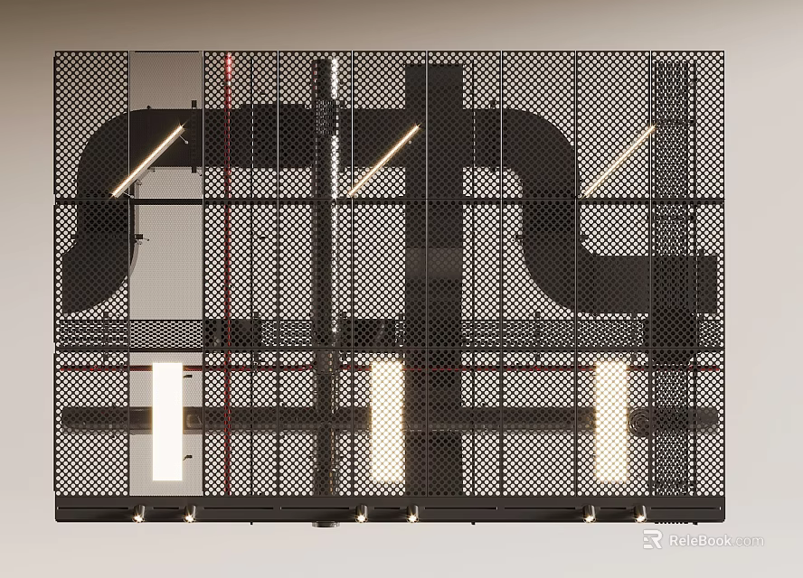 Industrial Style Ceiling Design With Exposed Pipes Mesh And Lighting 3d model 