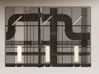 Industrial Style Ceiling Design With Exposed Pipes Mesh And Lighting 3d model