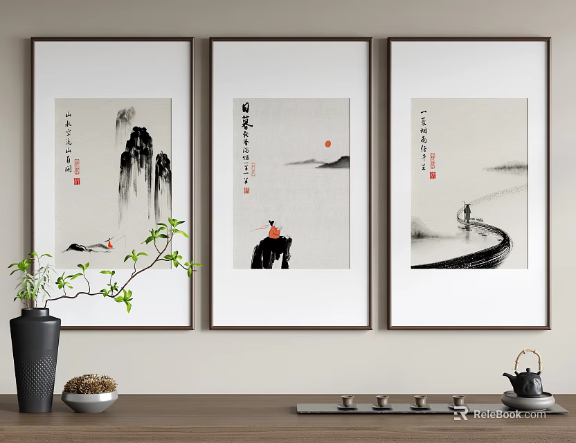 Three Piece Chinese Ink Landscape Paintings With Mountains Water Figures Calligraphy And Tea Set Decor 3d model 