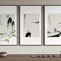 Three Piece Chinese Ink Landscape Paintings With Mountains Water Figures Calligraphy And Tea Set Decor