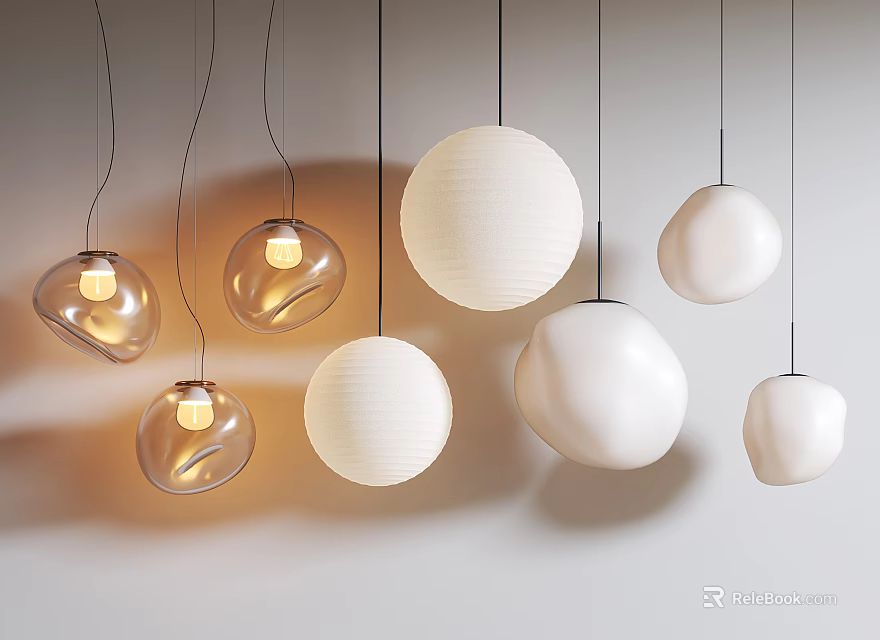 Multiple Modern Hanging Lit Chandeliers Round Transparent White Shapes Minimalist Interior 3d model 