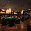 Elegant Luxury Club Interior Design With Pendant Lights Game Tables And Decorative Artworks