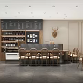 Modern Café Interior with Wooden Walls Wine Racks Pastry Display and Bench Seating Area