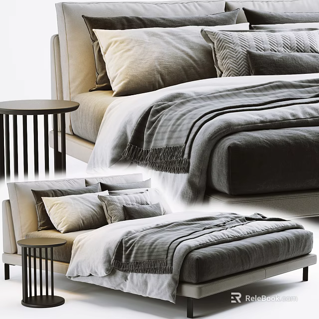 Modern Double Bed With Soft Bedding Decorative Pillows And Side Table 3d model 