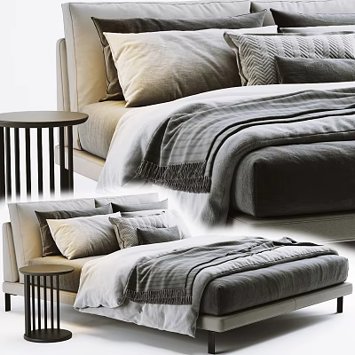 Modern Double Bed With Soft Bedding Decorative Pillows And Side Table 3d model