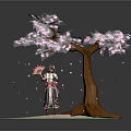 Game Movie Character in Traditional Outfit Holding Fan Under Cherry Blossom Tree With Falling Petals
