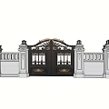 Elegant Black Wrought Iron Gate With Golden Decorations And White Pillar Lamps