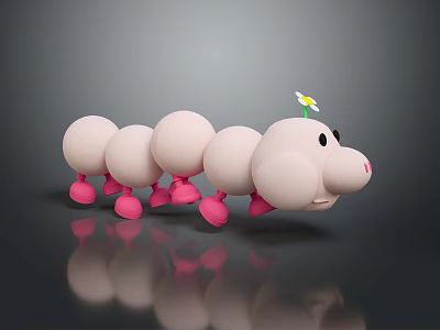 Cute Pink Caterpillar with Round Body and Pink Legs Adorned with Small Flower on Head 3d model