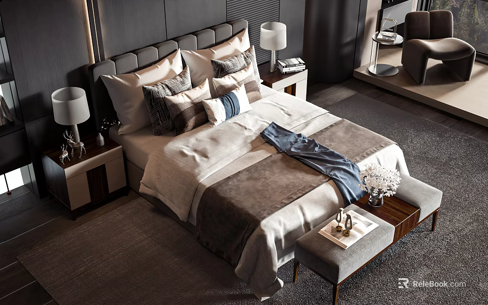 Modern Double Bed Bedroom Interior With Multiple Pillows Throw Blanket And Nightstands 3d model 