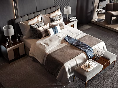 Modern Double Bed Bedroom Interior With Multiple Pillows Throw Blanket And Nightstands 3d model