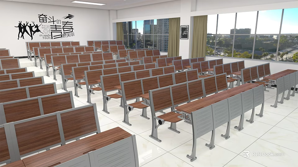 School Classroom With Neatly Arranged Desks Chairs And Large Windows 3d model 