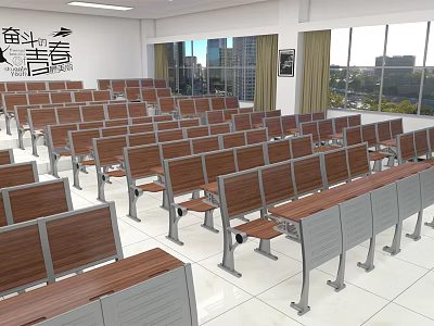 School Classroom With Neatly Arranged Desks Chairs And Large Windows 3d model