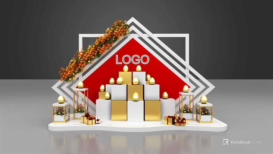 Red Background Display Stand Featuring Golden Platforms LOGO Decorative Vines And Gift Boxes 3d model 