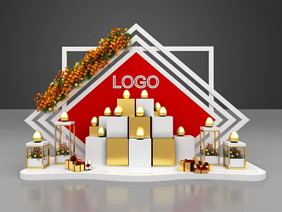 Red Background Display Stand Featuring Golden Platforms LOGO Decorative Vines And Gift Boxes 3d model