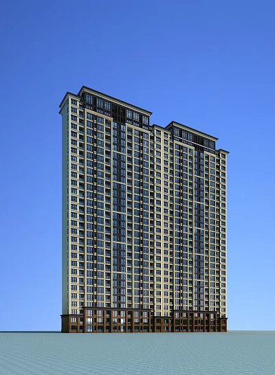 High Rise Residential Building With Modern Exterior And Multiple Windows Under Blue Sky 3d model