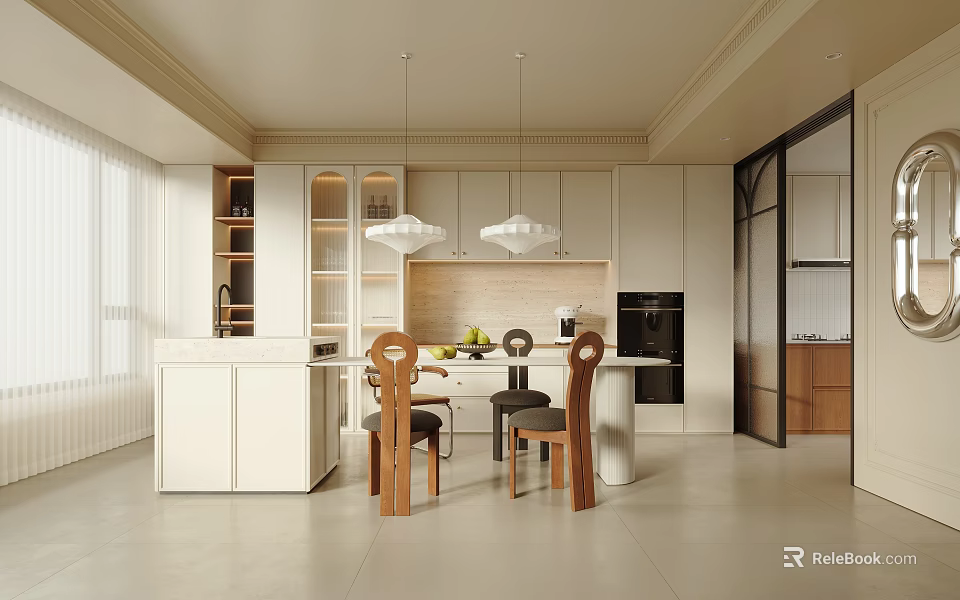 Modern Restaurant Interior With Dining Table Wooden Chairs Pendant Lights And White Cabinets 3d model 