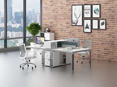 Modern Office Desk Setup With Brick Wall City View Framed Art And Ergonomic Chairs 3d model