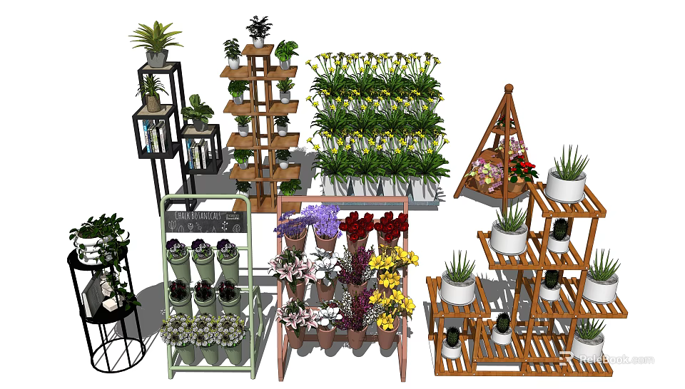 Garden Decorative Items With Multi Tiered Plant Stands Flower Pots And Various Greenery 3d model 