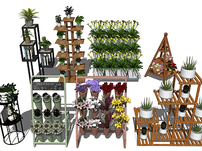Garden Decorative Items With Multi Tiered Plant Stands Flower Pots And Various Greenery 3d model