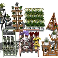 Garden Decorative Items With Multi Tiered Plant Stands Flower Pots And Various Greenery