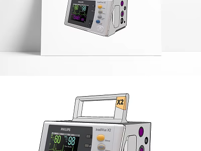 Philips IntelliVue X2 Patient Monitor Medical Equipment with Vital Signs Screen Showing 80 99 Readings 3d model