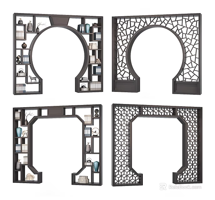 Traditional Chinese Door Arches With Intricate Carved Patterns And Decorative Shelves 3d model 