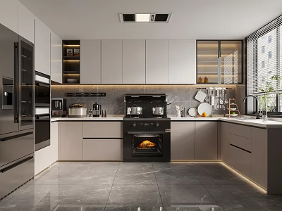 Modern Kitchen Interior Design With Integrated Cabinets Stainless Steel Appliances And Gray Countertop 3d model