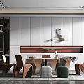 Modern Restaurant Interior With Dining Table Chairs Decorative Wall Art And Cabinets 3d model