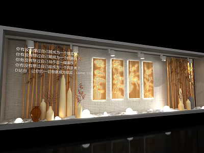 Chinese Style Photo Check In Spot With Wooden Strips Golden Paintings White Pebbles And Lighting 3d model