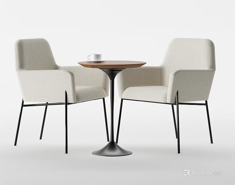 Modern Table and Chair Set with Light Fabric Chairs Round Wood Table Black Metal Legs 3d model 