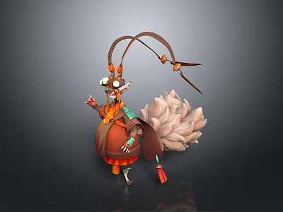 Anthropomorphic Character With Horns In Orange Red Decorative Outfit And Fluffy Fox Like Tail 3d model