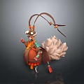 Anthropomorphic Character With Horns In Orange Red Decorative Outfit And Fluffy Fox Like Tail