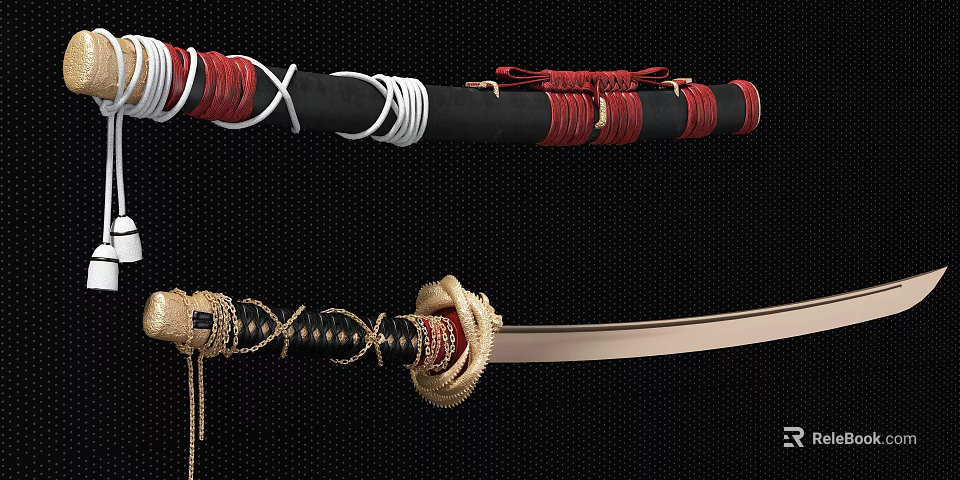 Traditional Sword With Black Scabbard Red White Cord Wrap Gold Handle And Silver Blade 3d model 