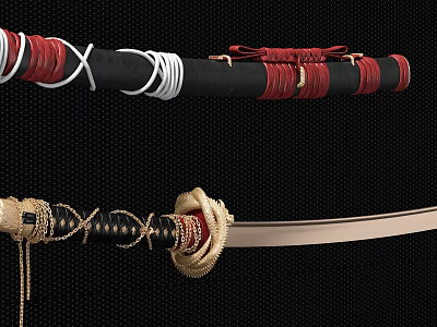 Traditional Sword With Black Scabbard Red White Cord Wrap Gold Handle And Silver Blade 3d model