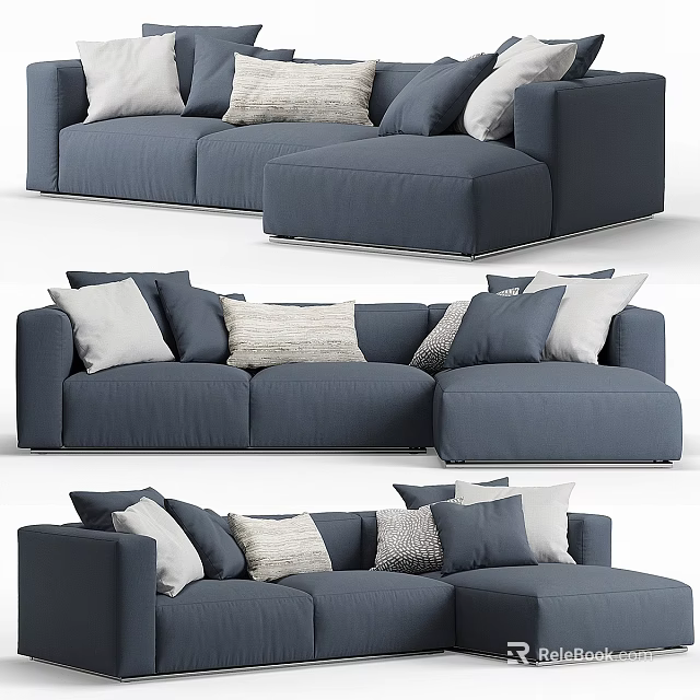 Modern Blue L Shaped Sofa With White And Gray Decorative Pillows 3d model