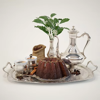 Delicious Chocolate Pudding Cake on Silver Tray with Coffee Pot Beans Cinnamon Sticks and Green Plant 3d model