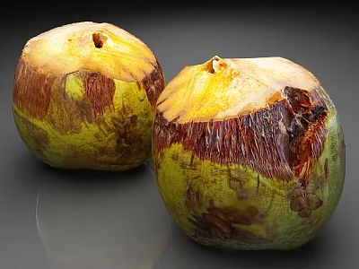 Natural Fresh Coconuts With Green And Brown Husks And Open Tops 3d model