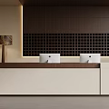 Modern Reception Desk With White And Brown Counter Two Mac Computers And Grid Patterned Wall 3d model
