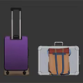 Colorful Travel Luggage Collection With Purple Rolling Suitcase Silver Handbag And Brown Backpack