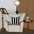 White Single Sofa Interior With Striped Pillow Floor Lamp Wooden Side Table And Potted Plant
