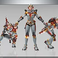 Human Sci Fi Warrior Characters In Futuristic Silver Red Armor With Weapons And Dynamic Poses