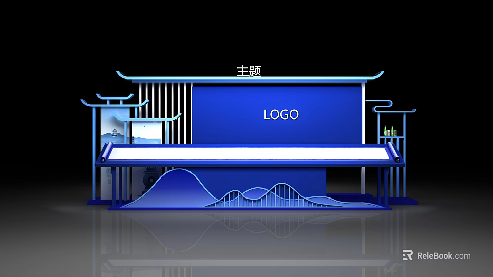 Chinese Style Photo Check In Spot With Blue Booth Traditional Roof And Mountain Patterns 3d model 