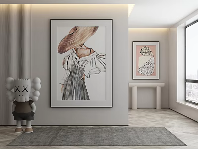 Large Abstract Painting in Modern Room Interior with Decorative Sculpture and Wall Art 3d model