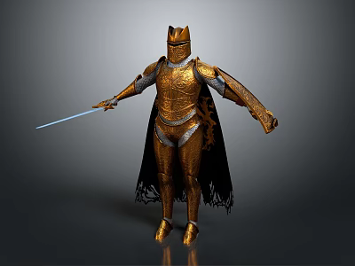 Golden Medieval Sword With Ornate Armor And Black Cape For Fantasy Knight Character 3d model