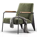 Green Velvet Single Sofa With Wooden Armrests Black Metal Legs And Gray Fringed Blanket