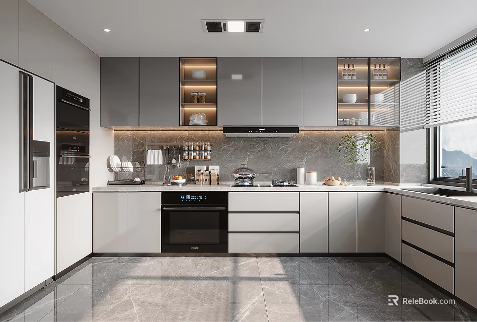Modern Kitchen Interior With Gray Cabinets White Countertops And Built In Appliances 3d model 
