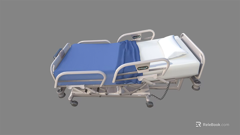 Adjustable Medical Bed for Hospital Patient Care with Side Rails Blue Mattress and Wheels 3d model 
