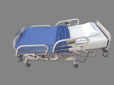Adjustable Medical Bed for Hospital Patient Care with Side Rails Blue Mattress and Wheels 3d model